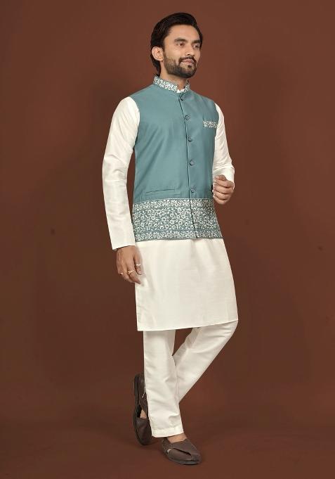 Off White Embroidered Silk Jacket Set For Men