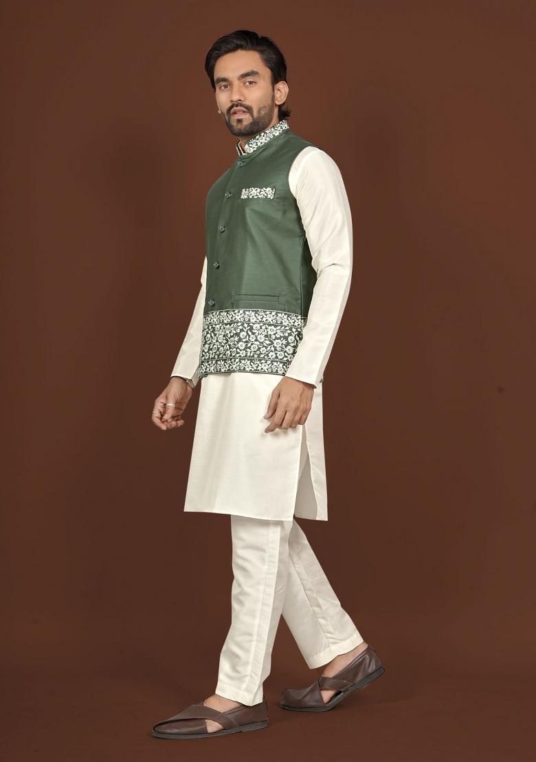 Off White Embroidered Silk Blend Jacket Set For Men - Indya