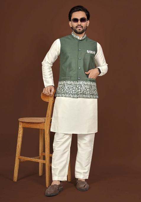 Off White Embroidered Silk Jacket Set For Men