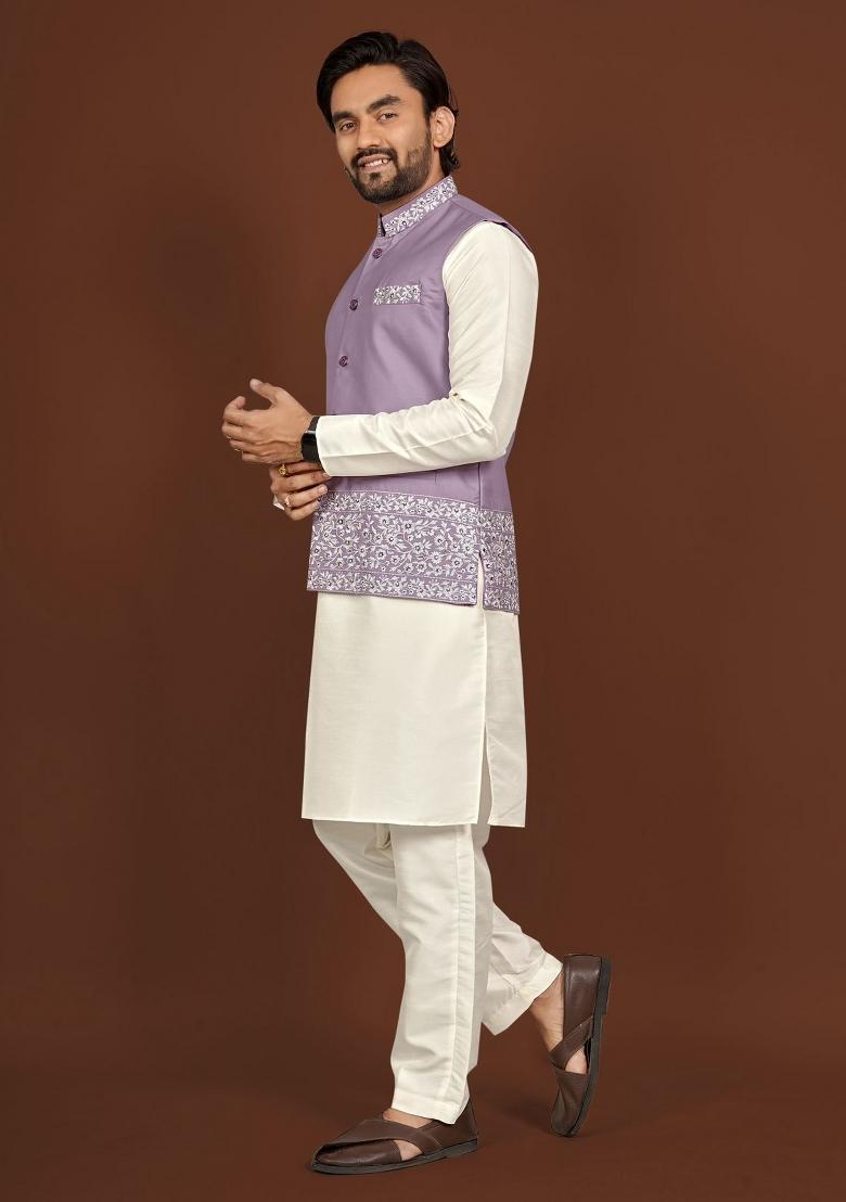 Off White Embroidered Silk Blend Jacket Set For Men - Indya