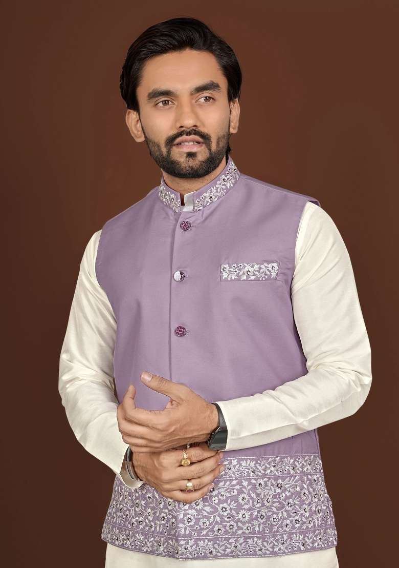 Off White Embroidered Silk Blend Jacket Set For Men - Indya