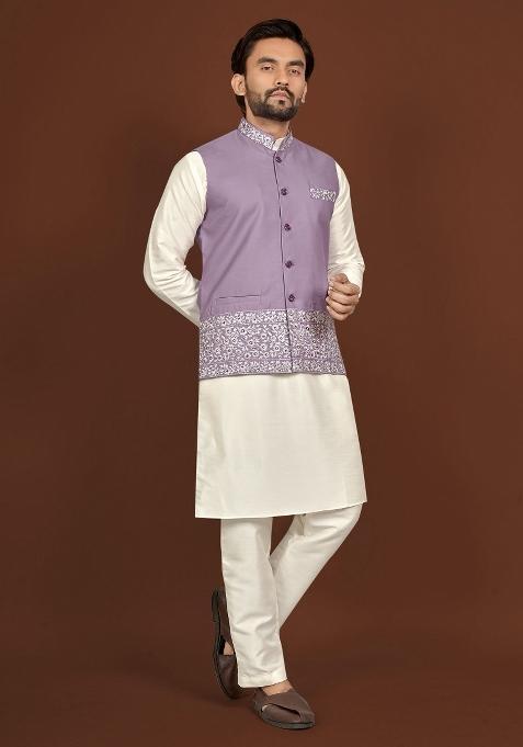 Off White Embroidered Silk Jacket Set For Men