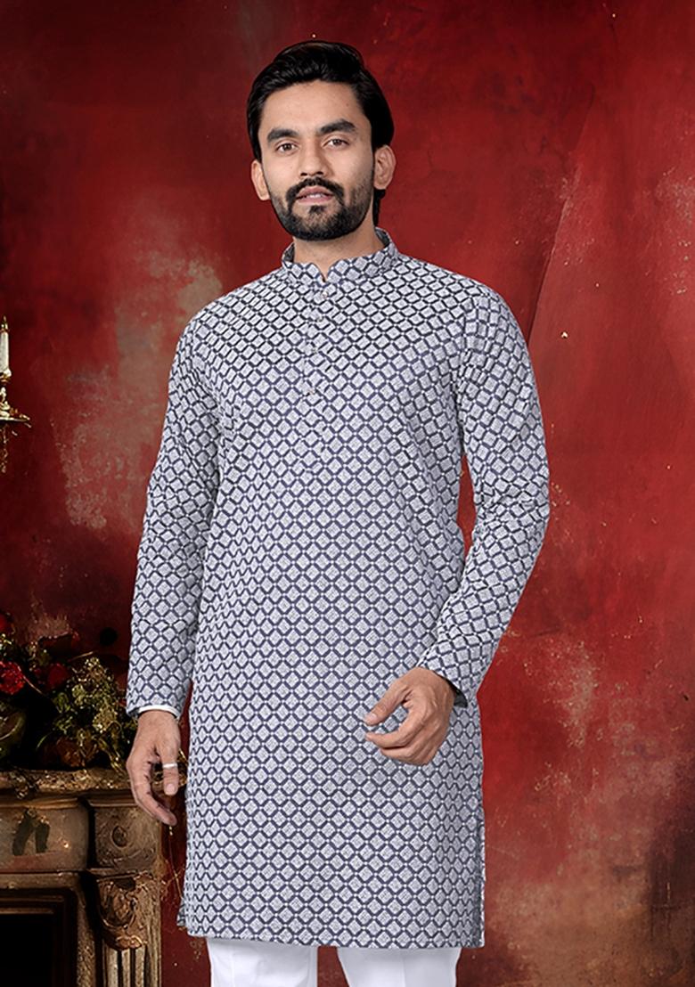 Grey Thread Work Cotton Kurta Pajama For Men - Indya