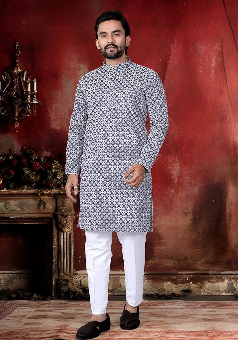 Grey Thread Work Cotton Kurta Pajama For Men