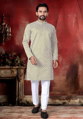 Olive Thread Work Cotton Kurta Pajama For Men