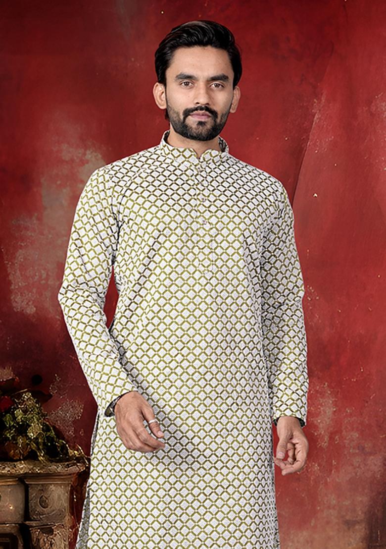 Olive Thread Work Cotton Kurta Pajama For Men - Indya