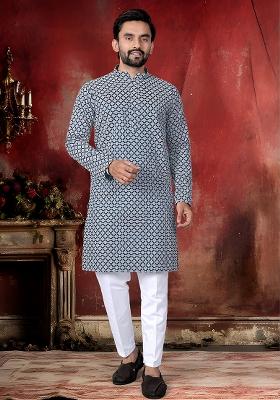 Blue Thread Work Cotton Kurta Pajama For Men