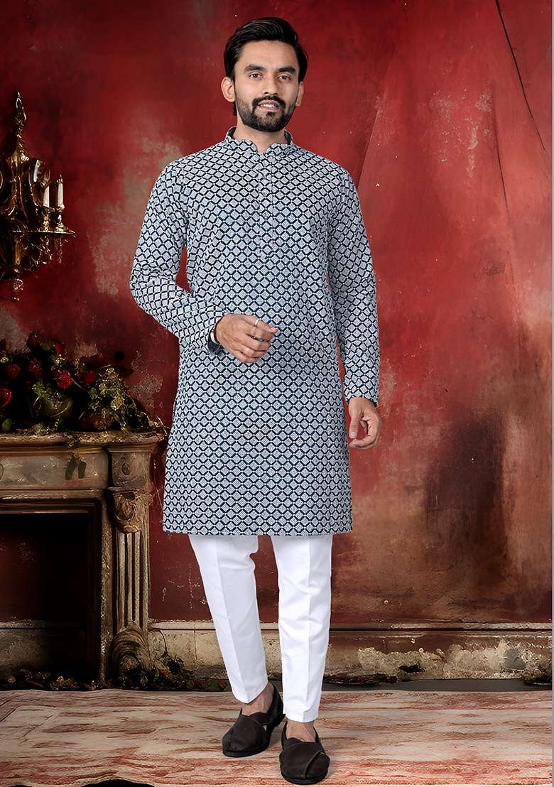 Blue Thread Work Cotton Kurta Pajama For Men - Indya