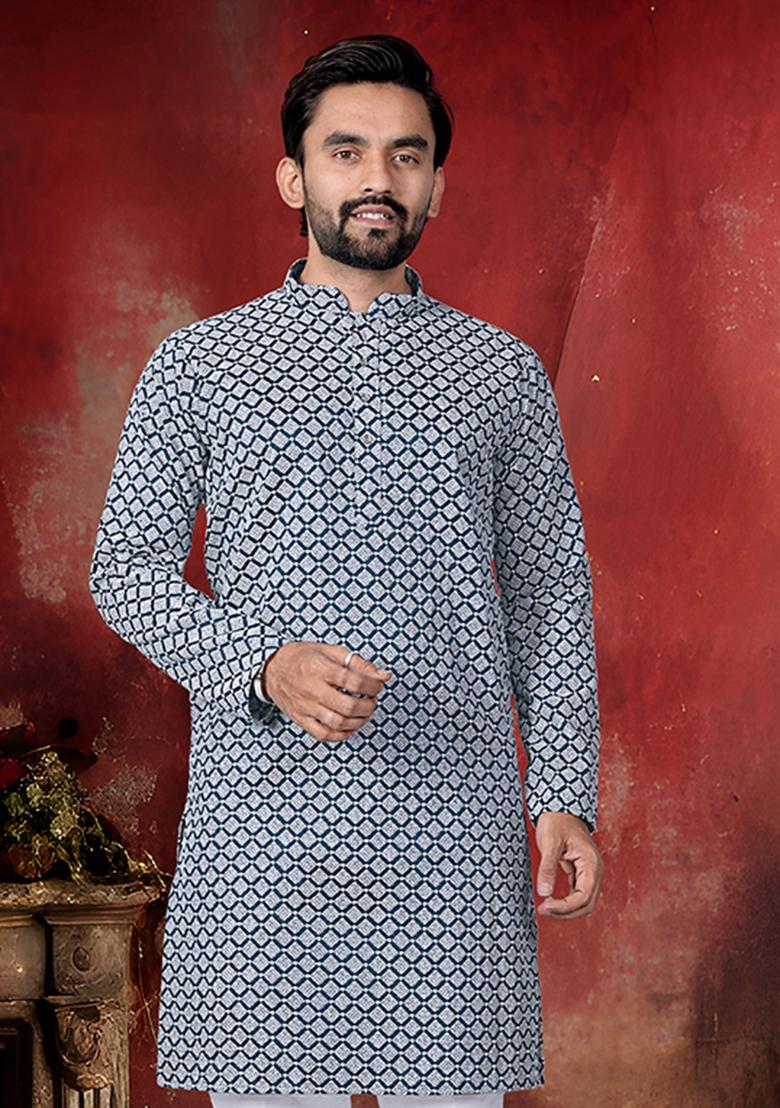 Blue Thread Work Cotton Kurta Pajama For Men - Indya