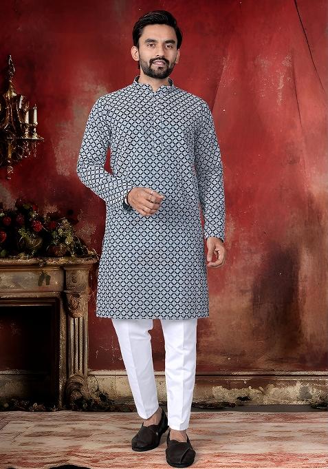 Blue Thread Work Cotton Kurta Pajama For Men