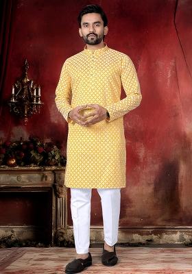 Yellow Thread Work Cotton Kurta Pajama For Men