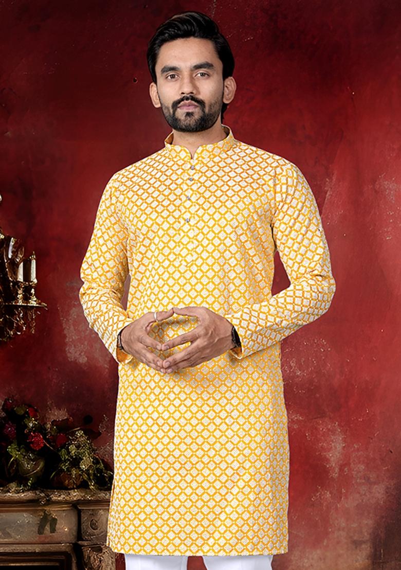 Yellow Thread Work Cotton Kurta Pajama For Men - Indya