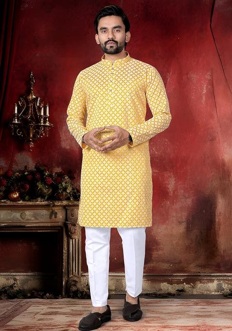 Yellow Thread Work Cotton Kurta Pajama For Men