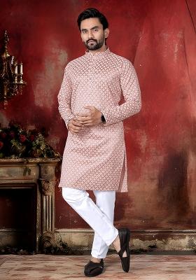 Peach Thread Work Cotton Kurta Pajama For Men