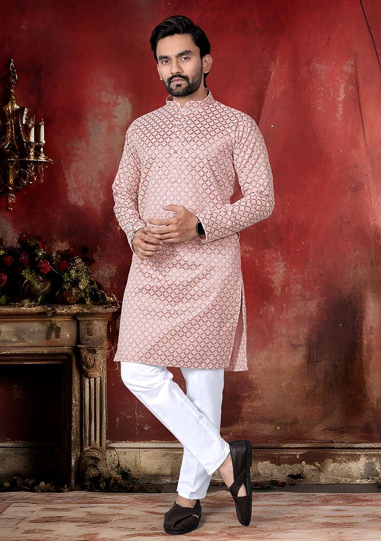 Peach Thread Work Cotton Kurta Pajama For Men - Indya