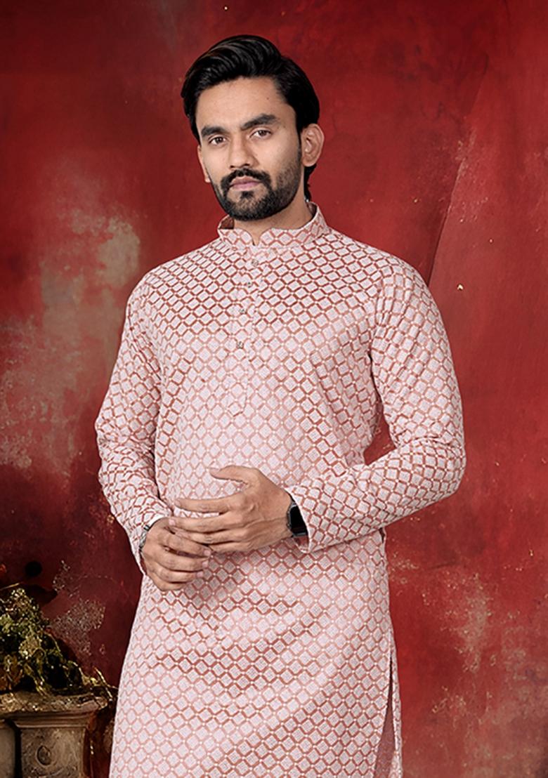 Peach Thread Work Cotton Kurta Pajama For Men - Indya