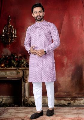 Pink Thread Work Cotton Kurta Pajama For Men