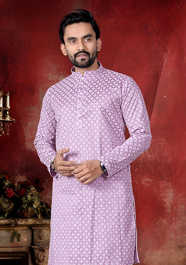 Pink Thread Work Cotton Kurta Pajama For Men - Indya