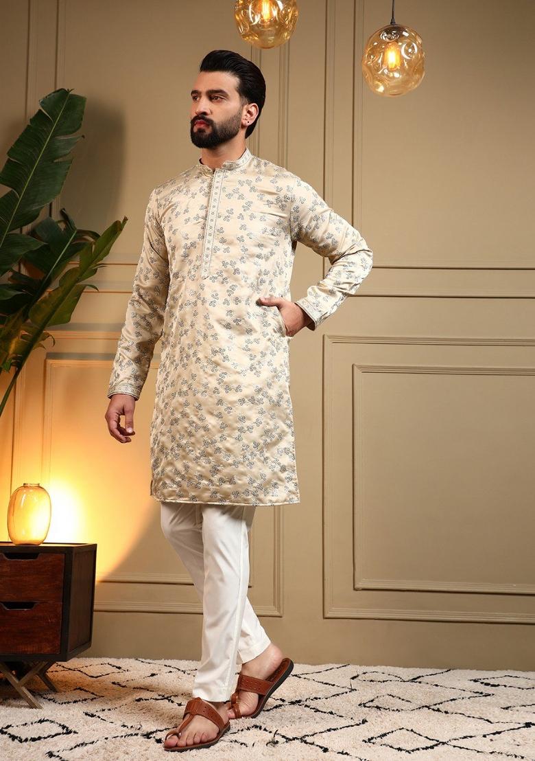 Cream Embroidered Silk Blend Kurta Pajama For Men - Indya