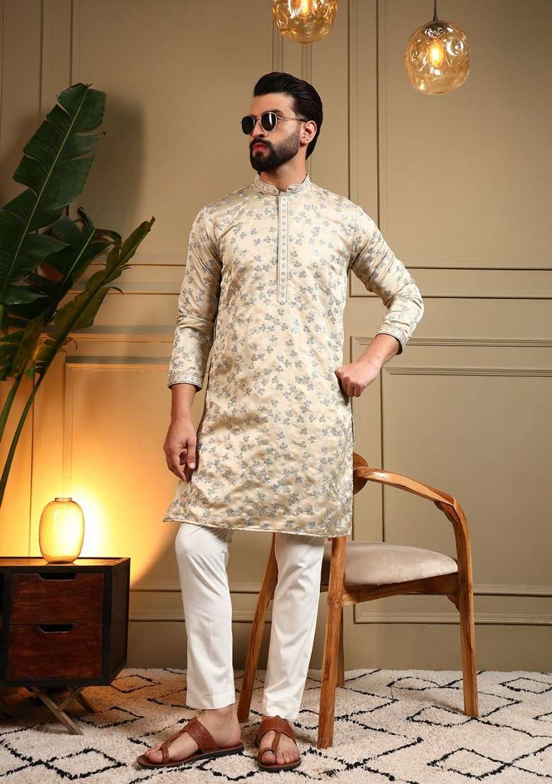 Cream Embroidered Silk Blend Kurta Pajama For Men - Indya