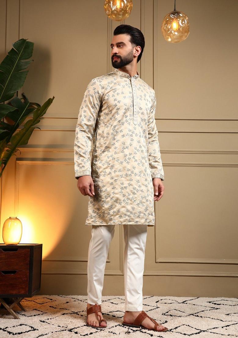 Cream Embroidered Silk Blend Kurta Pajama For Men - Indya