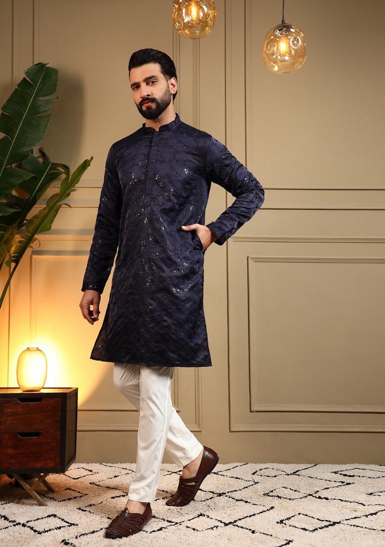 Navy Blue Embroidered Silk Blend Kurta Pajama For Men - Indya