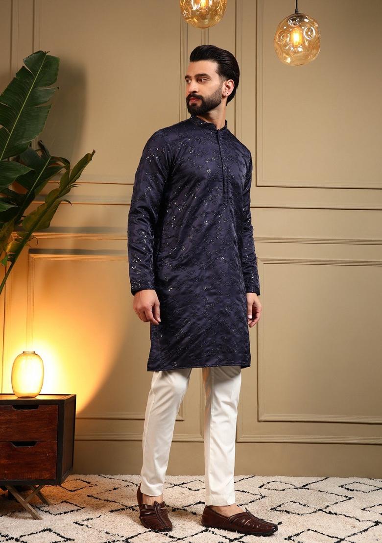 Navy Blue Embroidered Silk Blend Kurta Pajama For Men - Indya