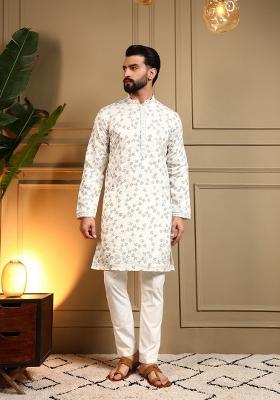Off White Embroidered Silk Kurta Pajama For Men