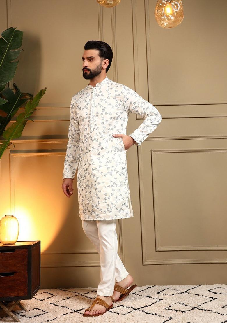 Off White Embroidered Silk Blend Kurta Pajama For Men - Indya