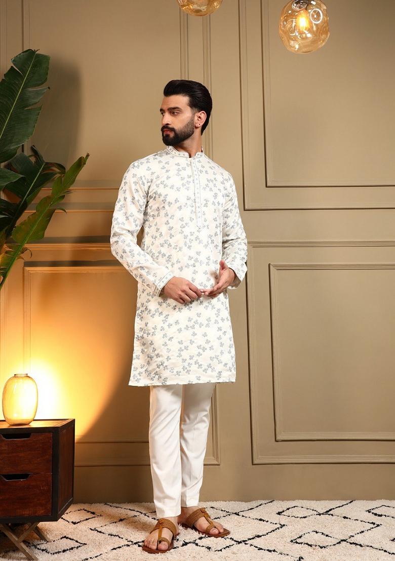 Off White Embroidered Silk Blend Kurta Pajama For Men - Indya