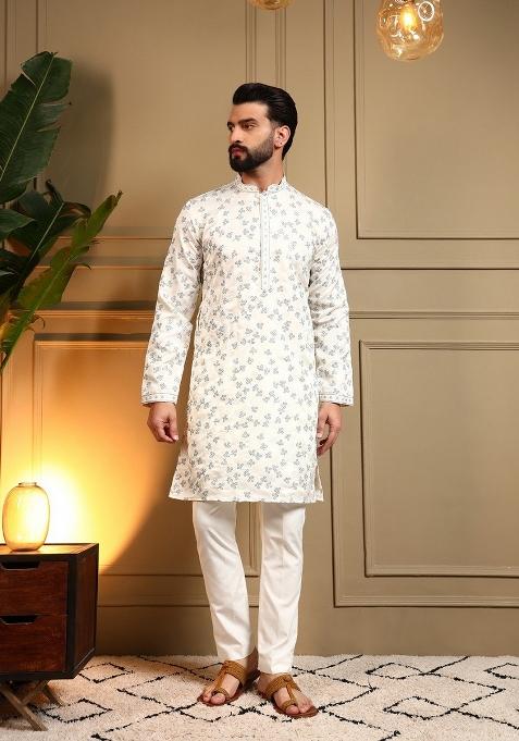 Off White Embroidered Silk Kurta Pajama For Men