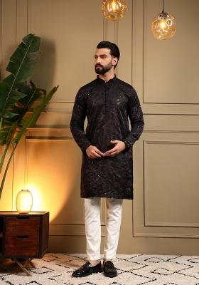 Brown Embroidered Silk Kurta Pajama For Men