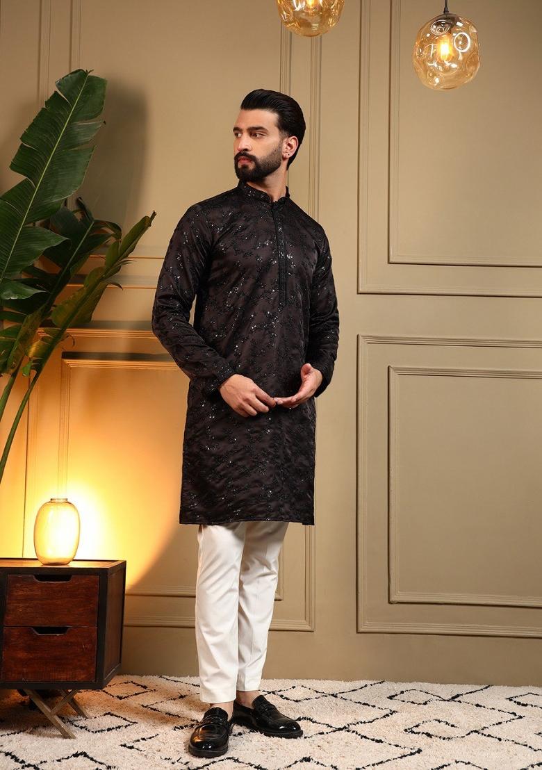 Brown Embroidered Silk Blend Kurta Pajama For Men - Indya