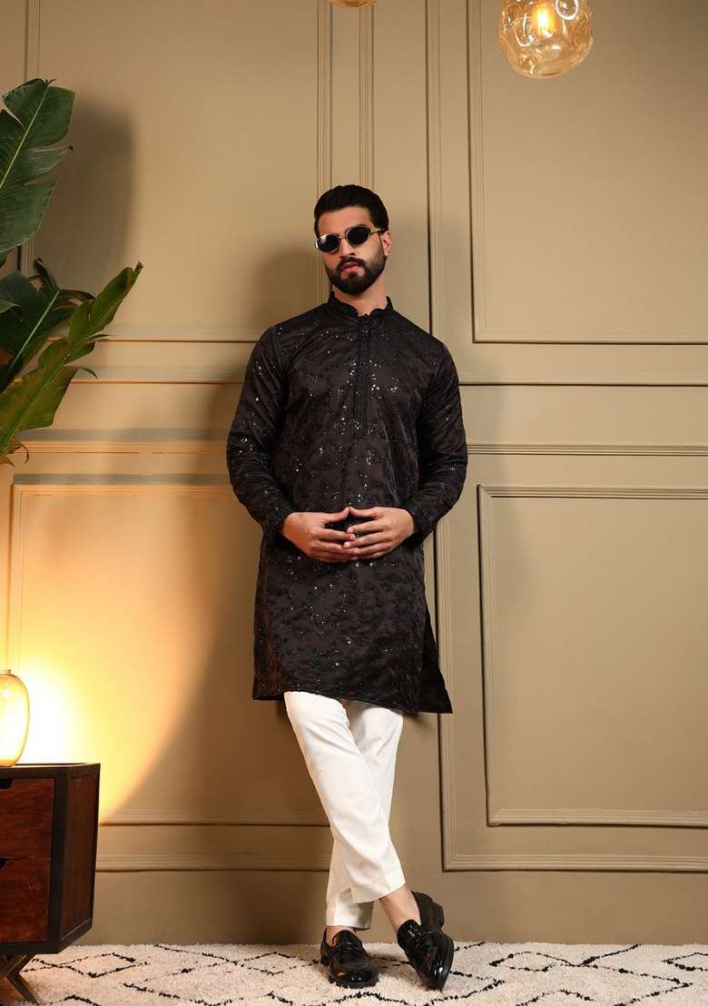 Brown Embroidered Silk Blend Kurta Pajama For Men - Indya