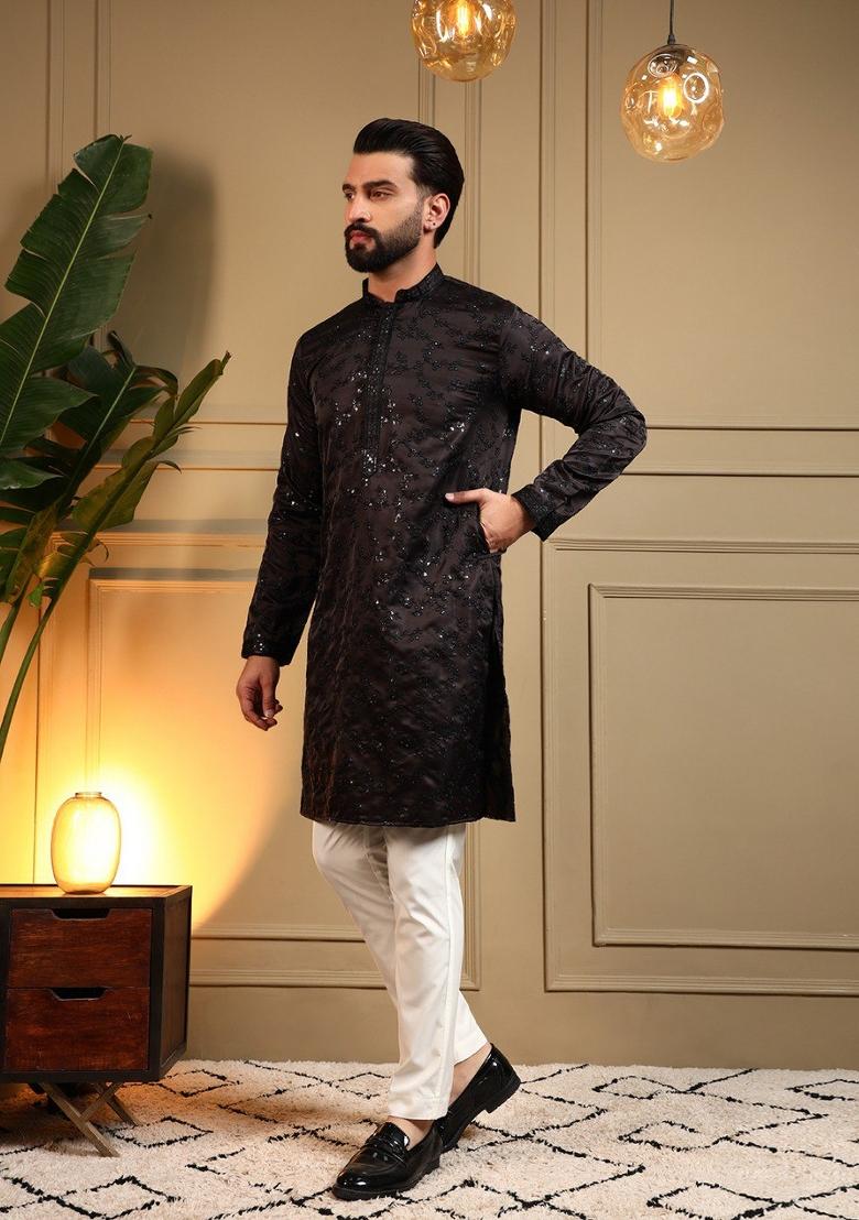 Brown Embroidered Silk Blend Kurta Pajama For Men - Indya