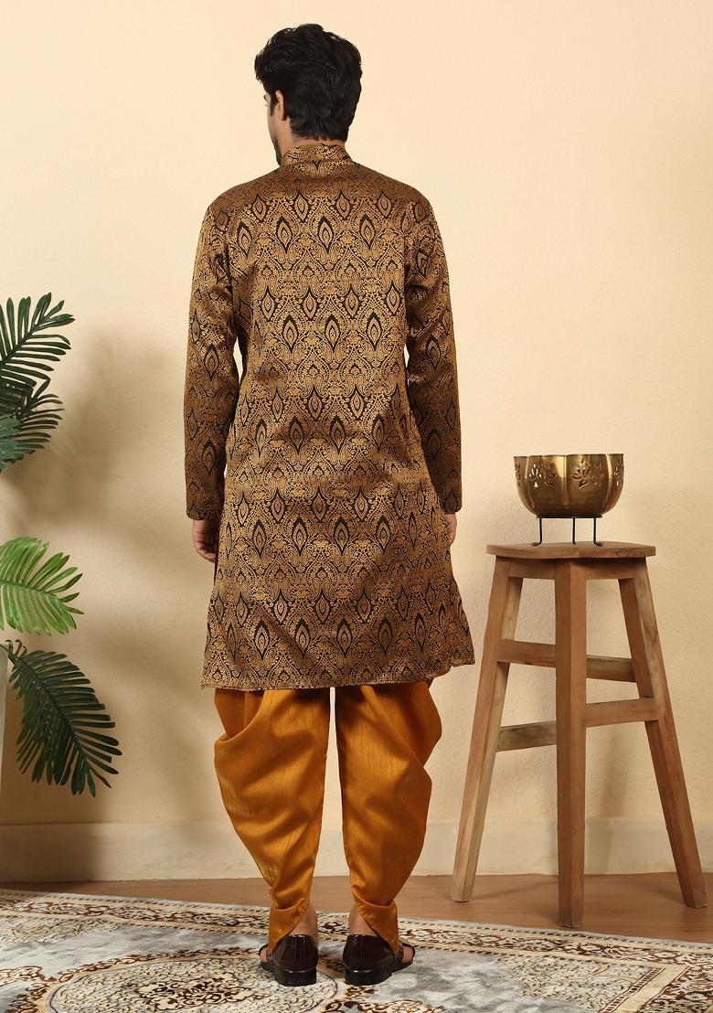 Black Paisley Silk Blend Kurta For Men - Indya