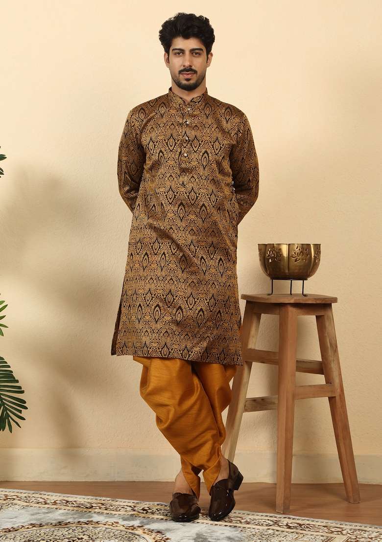 Black Paisley Silk Blend Kurta For Men - Indya