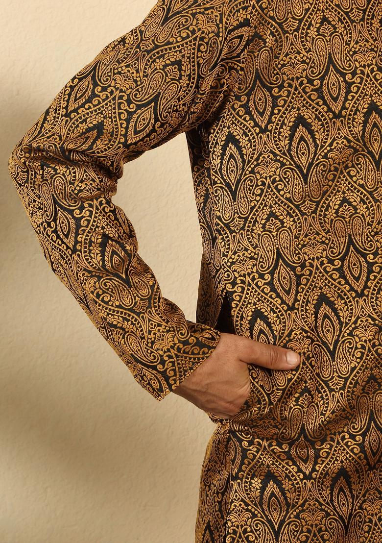Black Paisley Silk Blend Kurta For Men - Indya