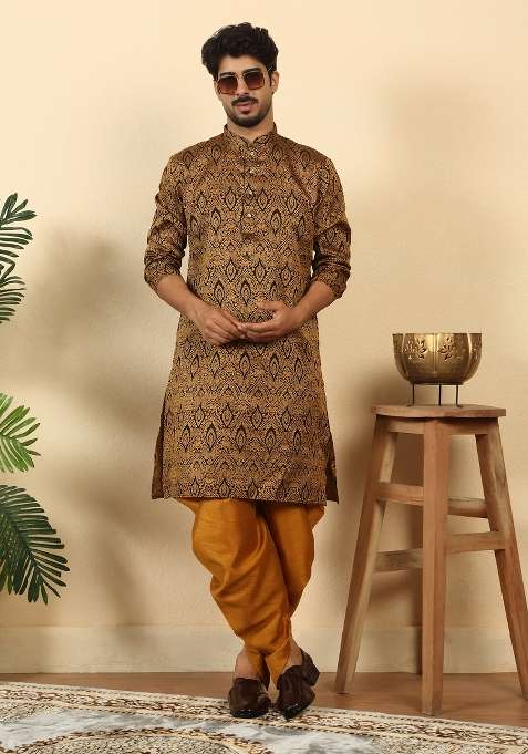 Black Paisley Silk Blend Kurta For Men