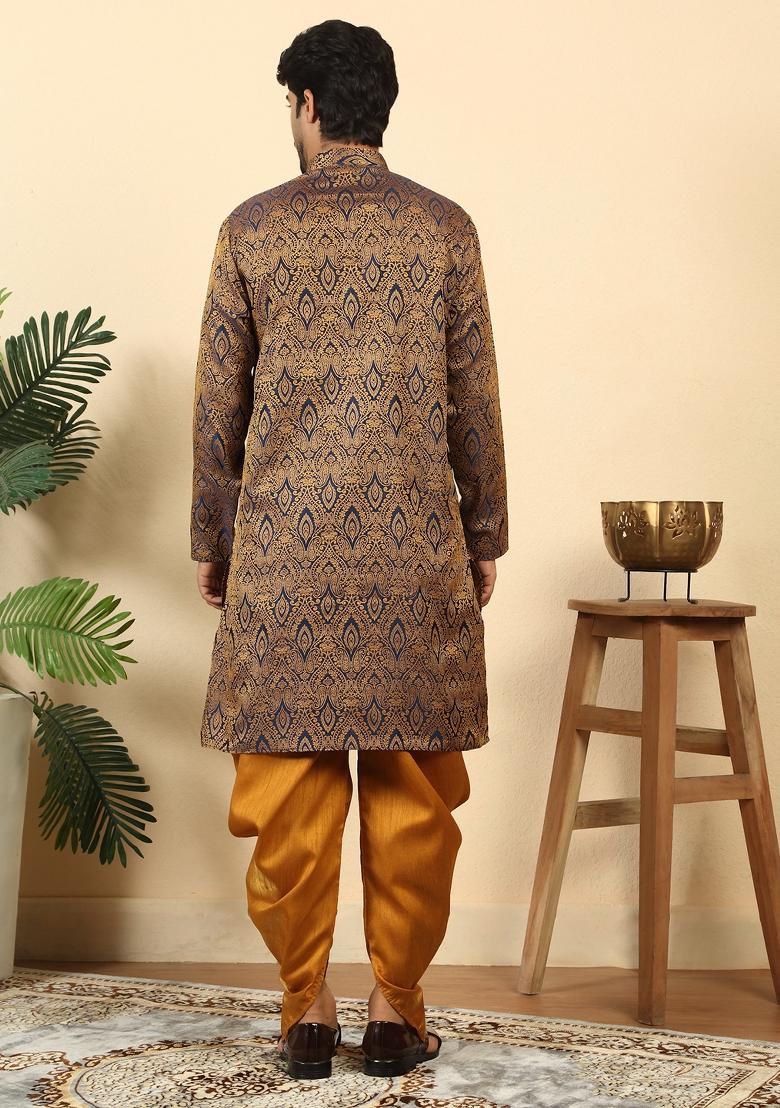 Blue Paisley Silk Blend Kurta For Men - Indya