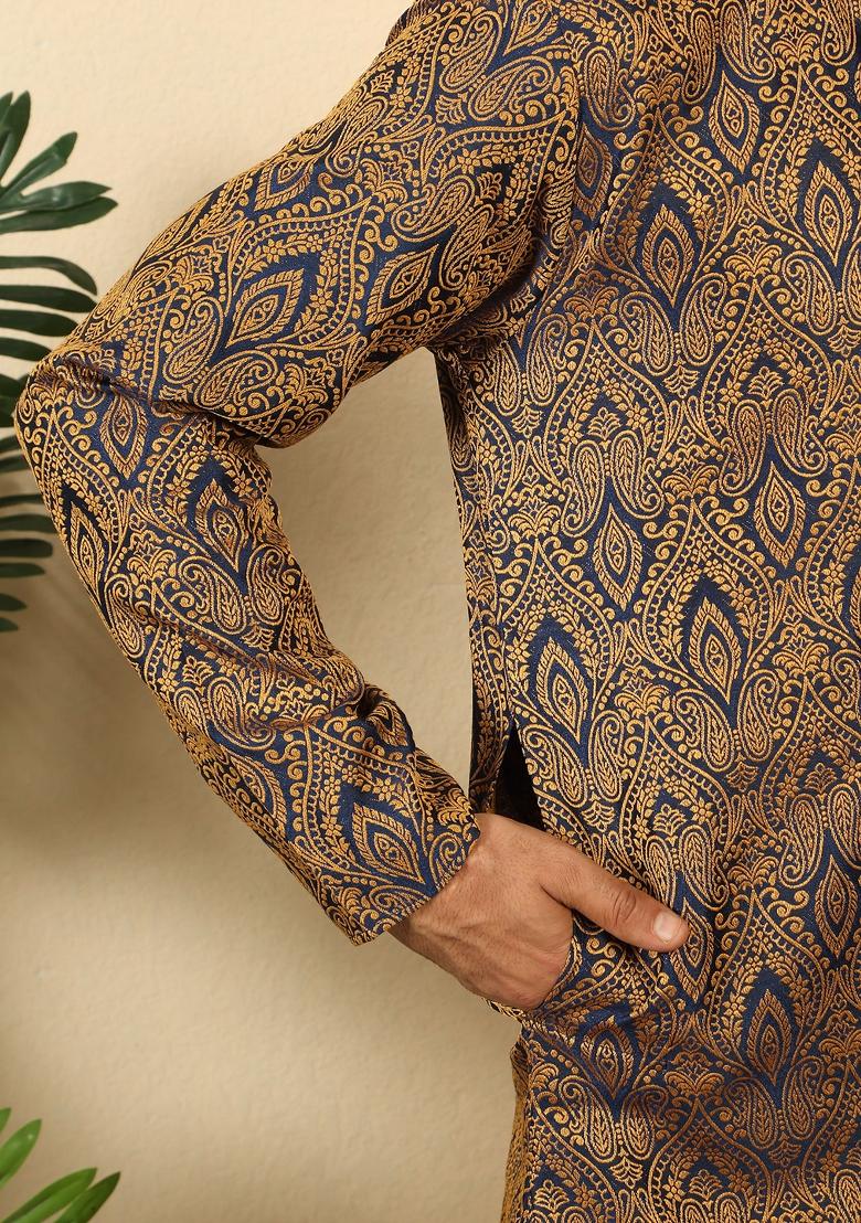Blue Paisley Silk Blend Kurta For Men - Indya