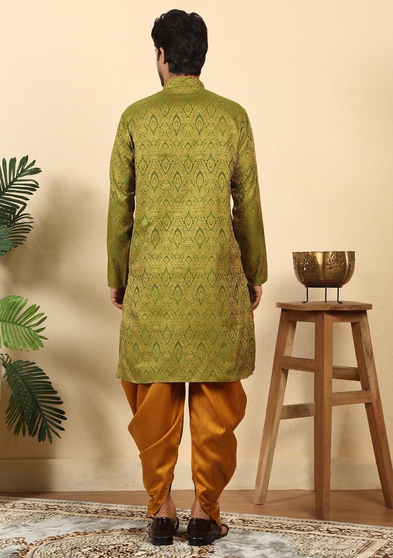 Green Paisley Silk Blend Kurta For Men - Indya