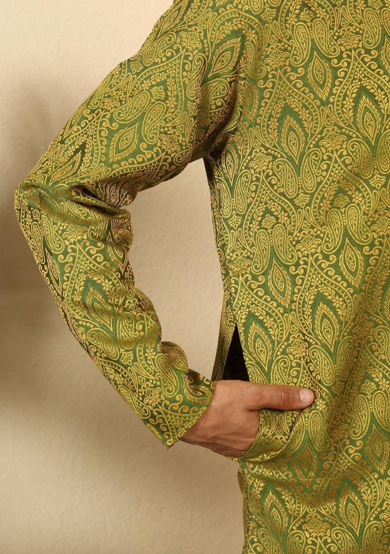 Green Paisley Silk Blend Kurta For Men - Indya