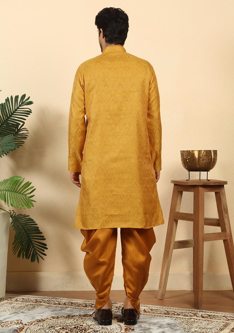Mustard Paisley Silk Blend Kurta For Men - Indya