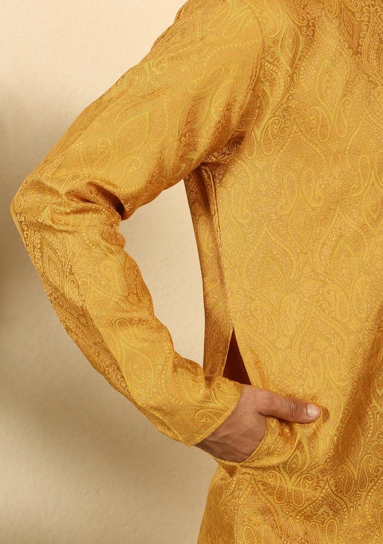 Mustard Paisley Silk Blend Kurta For Men - Indya
