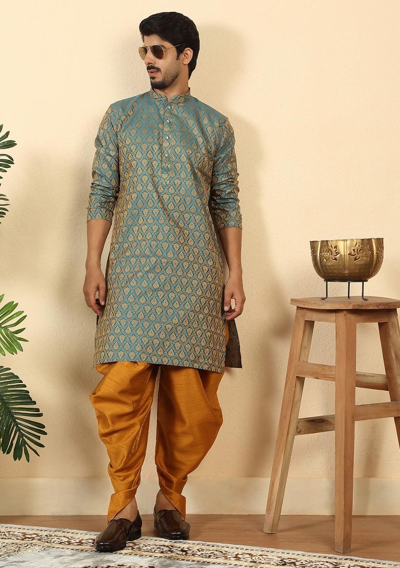 Blue Paisley Silk Blend Kurta For Men - Indya