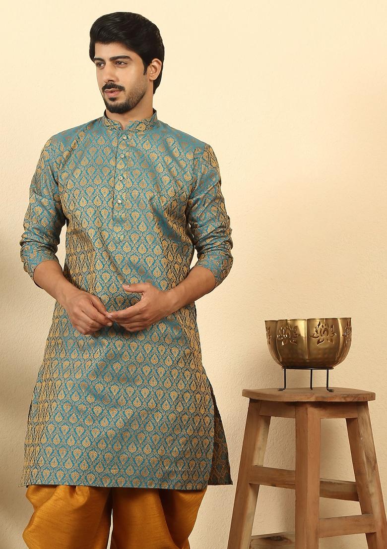 Blue Paisley Silk Blend Kurta For Men - Indya