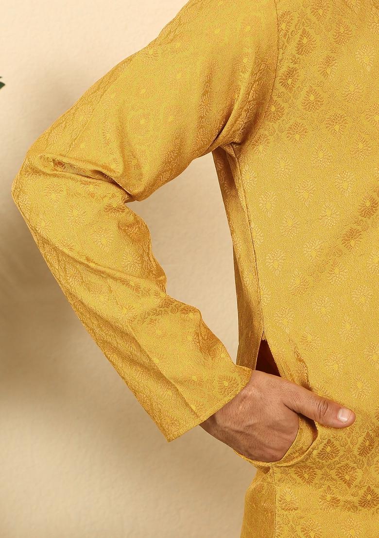 Yellow Paisley Silk Blend Kurta For Men - Indya