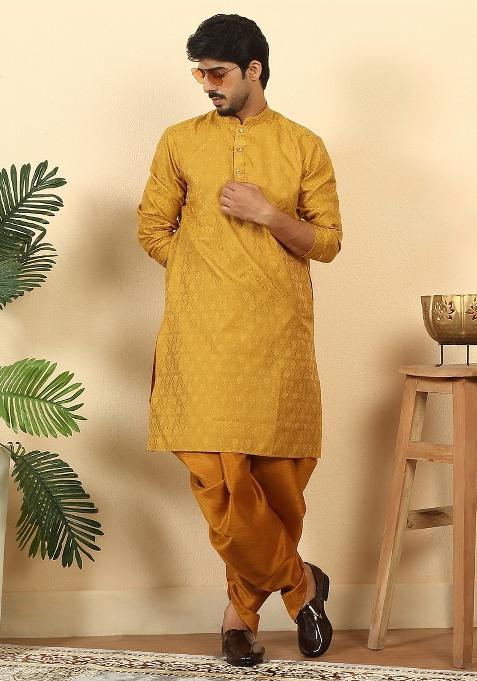 Yellow Paisley Silk Blend Kurta For Men