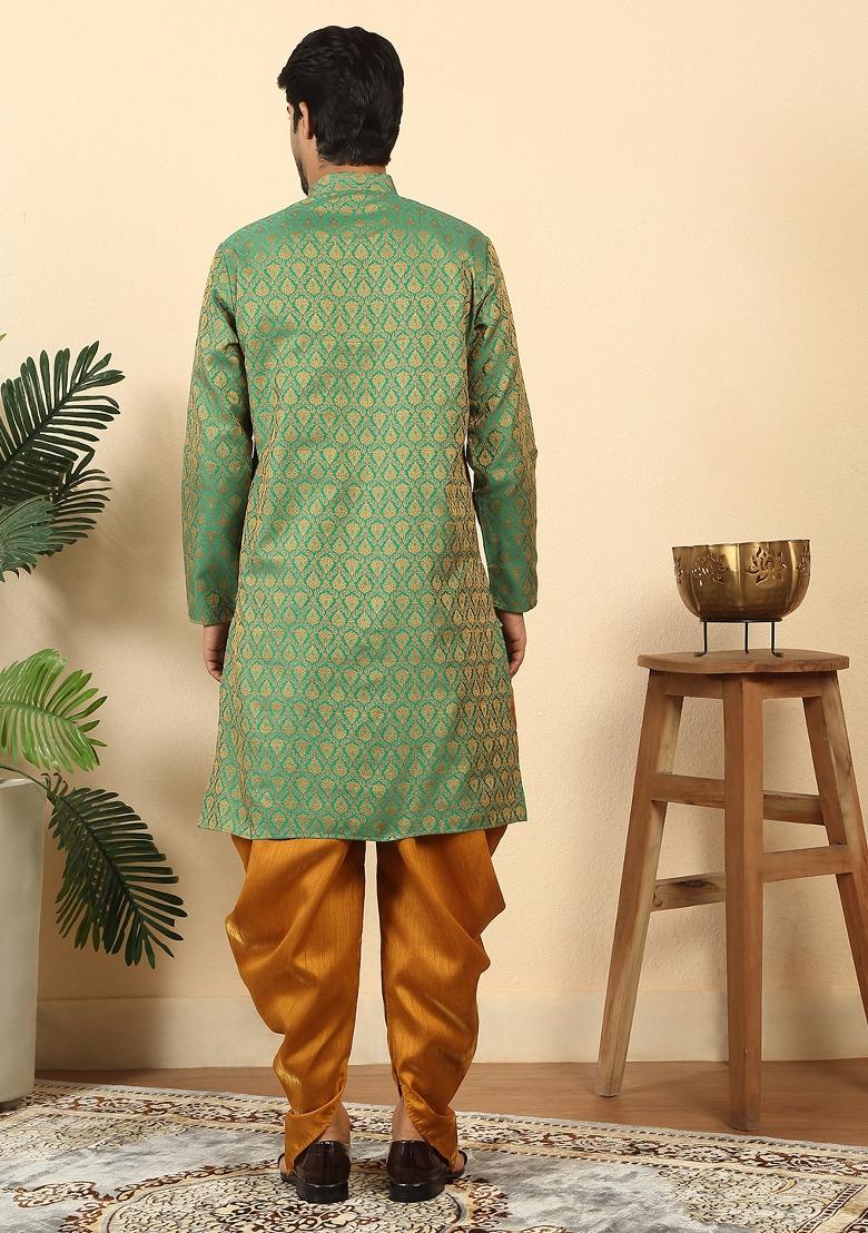 Green Paisley Silk Blend Kurta For Men - Indya
